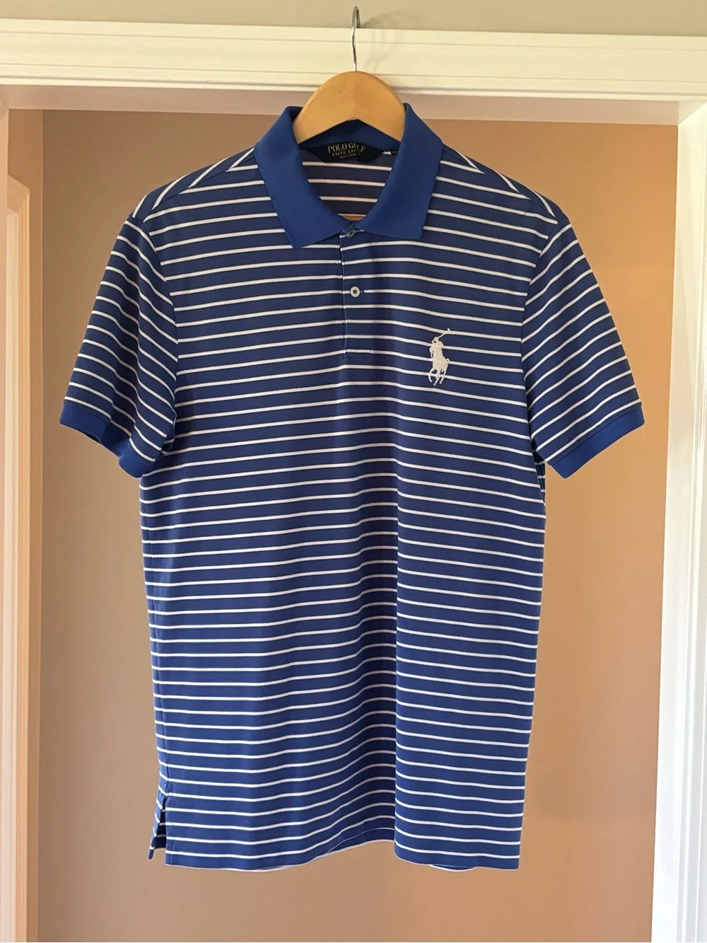 Ralph Lauren Golf Blue and White Striped Polo Shirt Large Pony